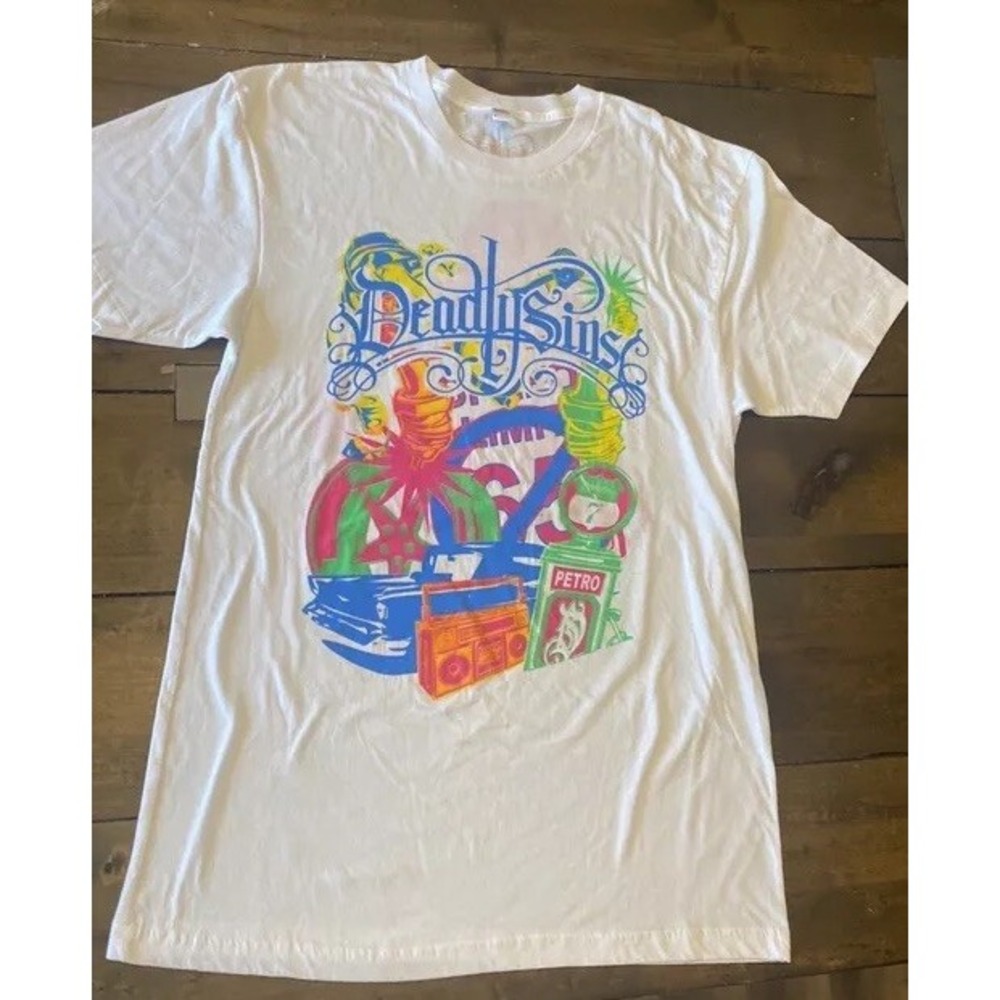 Deadly Sins Bright Neon Graphic Tee Single stitch Sleeve Short Sleeve Size Large